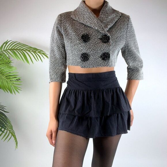 Vintage Y2K Grey Grunge Preppy Cropped Double Breasted Tweed Jacket / Size: M - Picture 1 of 4